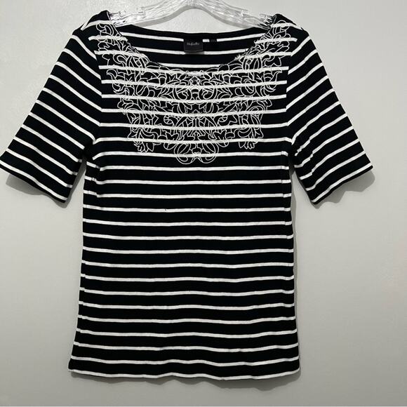 Rafaella Tops - Rafaella Embroidered Short Sleeves Pullover Black Striped Blouse | Size Small
